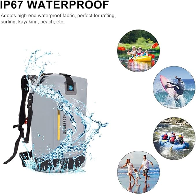Blueshyhall 20L Waterproof Dry Backpack, Outdoor Travel Roll Top Closure Water Repellent Duffle Storage Sack for Kayaking Rafting Boating Fishing Camping and Beach - Grey