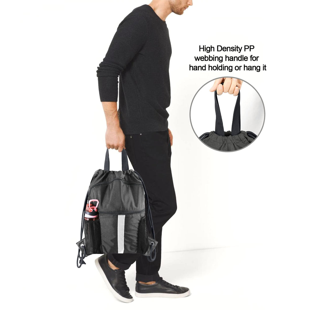 BeeGreen Mix Black Drawstring Backpack with Shoe Compartment X-Large Gym Sports String Cinch Backpack Athletic Sackpack with Front Inside Zipper Pockets