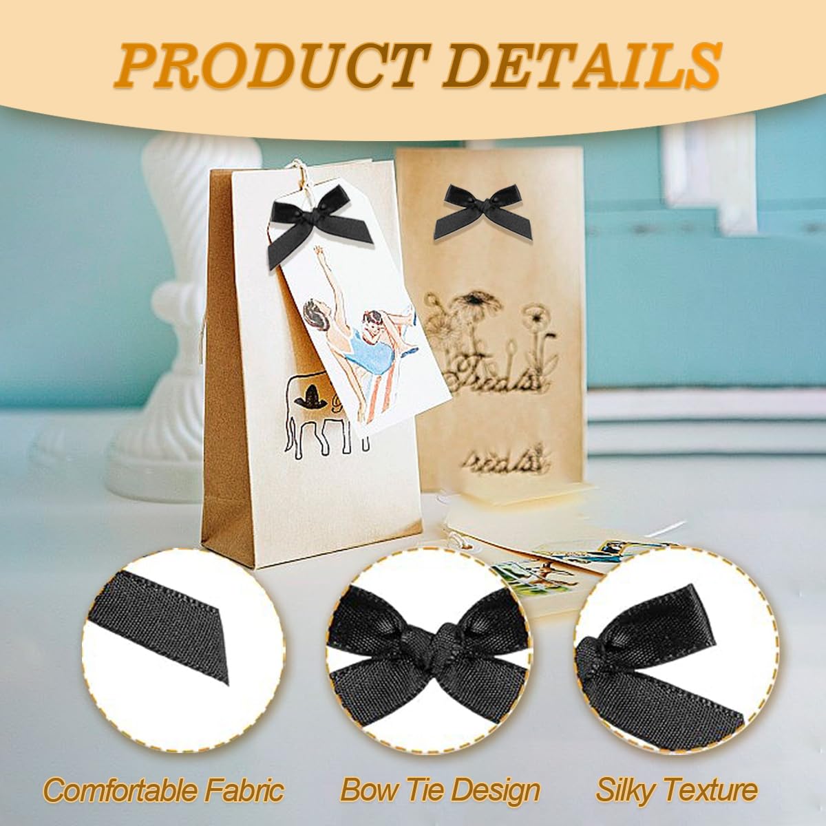 100 PCS Tiny Black Bows, Premade Satin Ribbon Bows Gift Wrapping Invitation Card Decoration Mini Polyester French Flower Bow DIY Crafts Small Cute Bows for Treat Bags Cake Pops Candy Wedding Favors