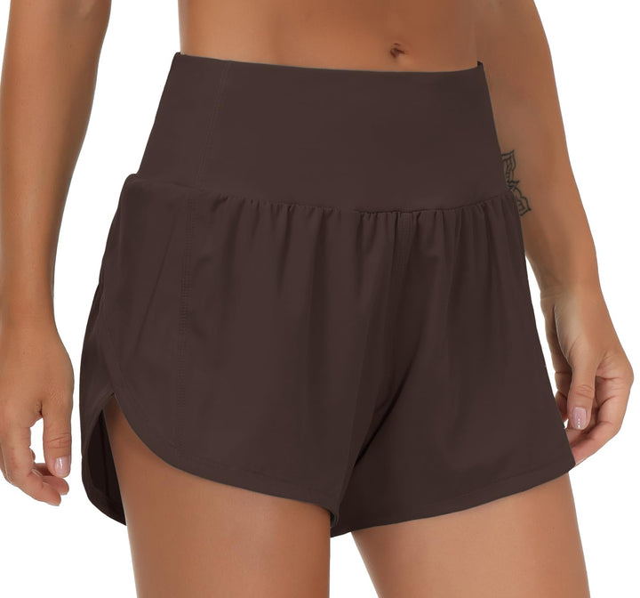 THE GYM PEOPLE Womens High Waisted Running Shorts Quick Dry Athletic Workout Shorts with Mesh Liner Zipper Pockets Brown