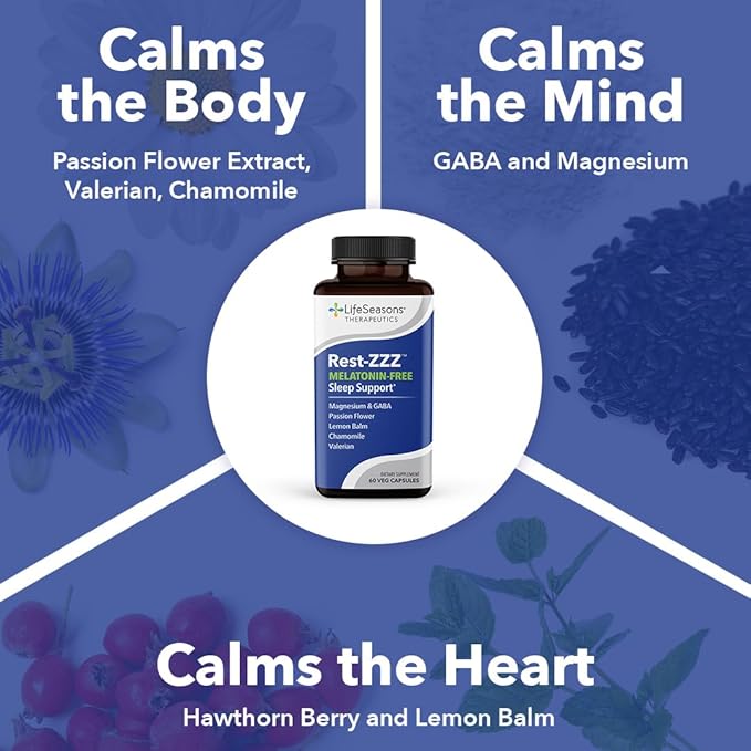 LifeSeasons Rest-ZZZ Melatonin Free - Sleep Support Supplement - Calms Nervous System - Eases Restlessness & Nerve-Related Sleeplessness - Magnesium GABA & Chamomile - 60 Capsules