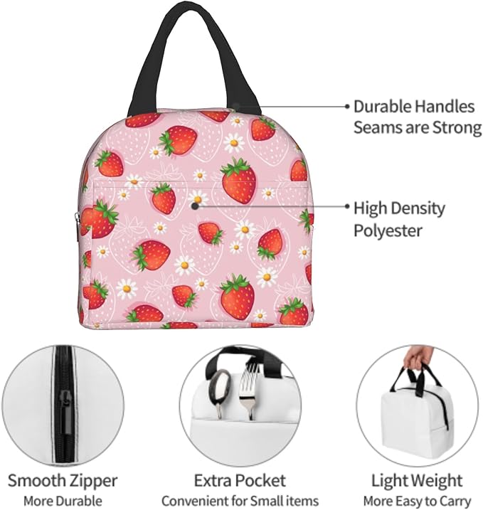Imiss Strawberry Lunch Bag for Girls Women, Cute Fruit Strawberry Reusable Insulated Lunch Tote with Pocket Lunch Box for School Work Picnic