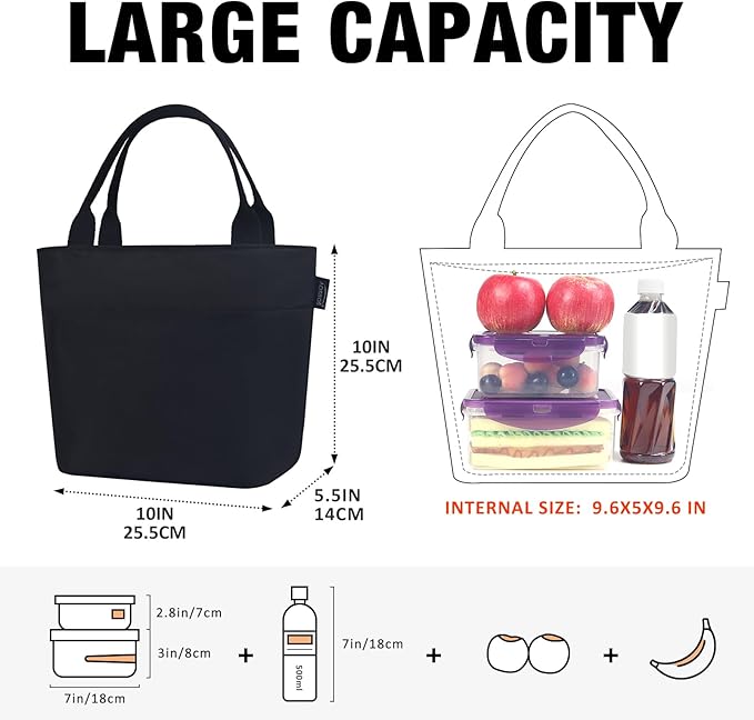 Aosbos Lunch Bag Lunch Box for Women Lunch Tote Bag Insulated Lunch Cooler Bag Thermal LunchBox Adult Bolsa Termica Almuerzo Lonchera, Black