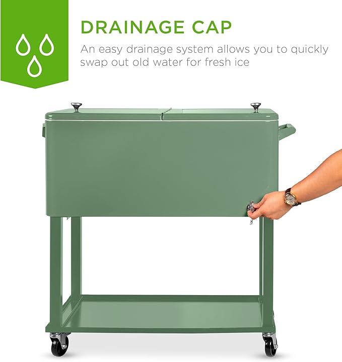 Best Choice Products 80-Quart Outdoor Steel Rolling Cooler Cart w/Ice Chest, Bottle Opener, Catch Tray, Drain Plug, Locking Wheels