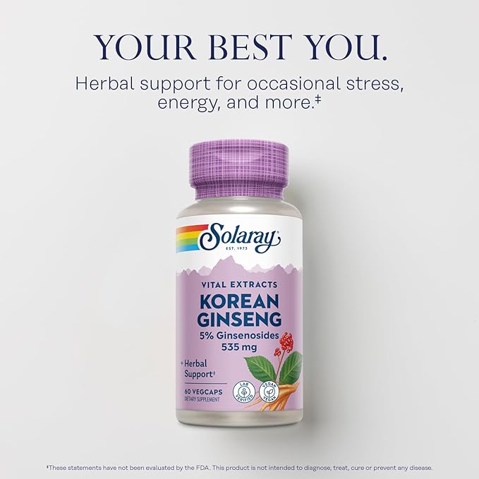 SOLARAY Korean Ginseng Root Extract - Herbal Support for Occasional Stress, Energy, and Physical Endurance - 5% Ginsenosides - Vegan, Lab Verified - 60 Servings, 60 VegCaps