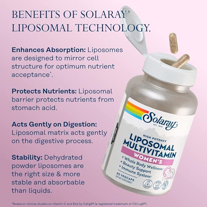SOLARAY Liposomal Multivitamin for Women, Enhanced Absorption, High Potency w/Iron, Vitamin D, Vitamin C, B12, Biotin, CoQ10, Immune Support, Bone Health, Vegan, 30 Servings, 60 VegCaps