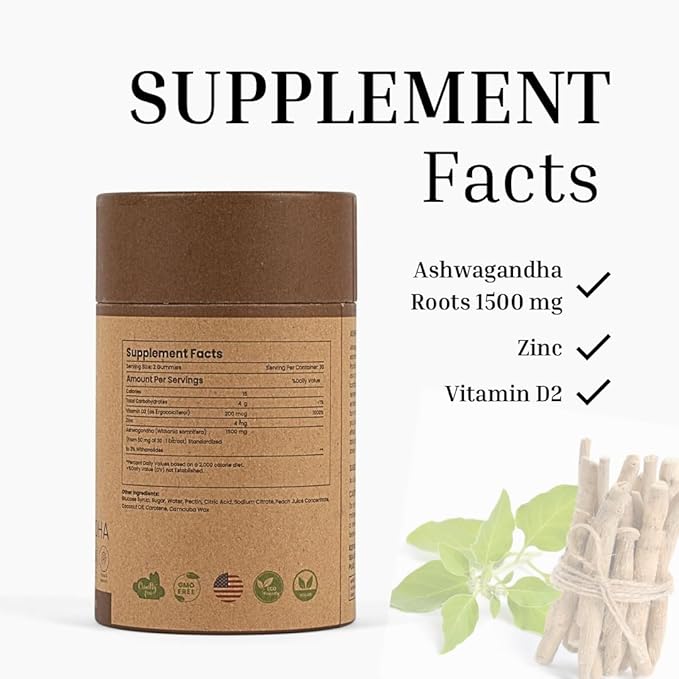 Ashwagandha 1500mg + Zinc, Vitamin D2 Vegan Gummies (Ashwagandha Roots)