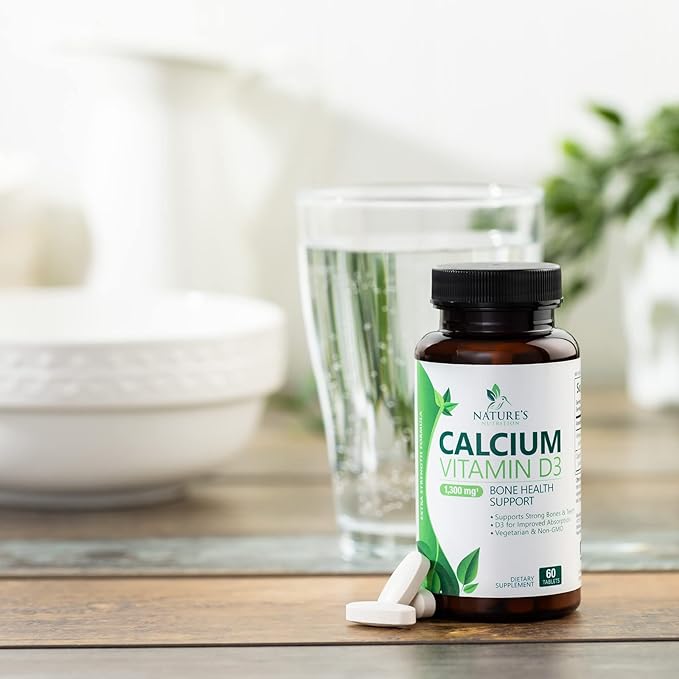 Calcium Supplement with Vitamin D - 1200 mg Calcium Carbonate with 1600 IU of D3 Vitamins - Supports Bone Strength, Teeth & Immune System - Natural & Easily Absorbable for Women & Men - 60 Tablets