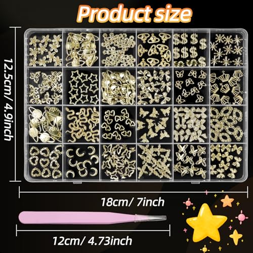 240 Pcs 3D Gold Nail Charms, Mixed Alloy Crown Bows Cross Nail Gold Charms, Golden Planet Star Metal Nail Art Charms Snake Charms for Acrylic Nails DIY Y2K Accessories