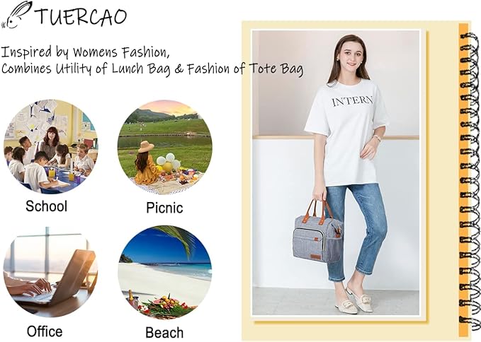 TuErCao Adult Lunch Box - Insulated Lunch Bag Women for Work, Soft Cooler for Beach Travel Picnic, Ladies Lunch Tote Bag for Office, Grey