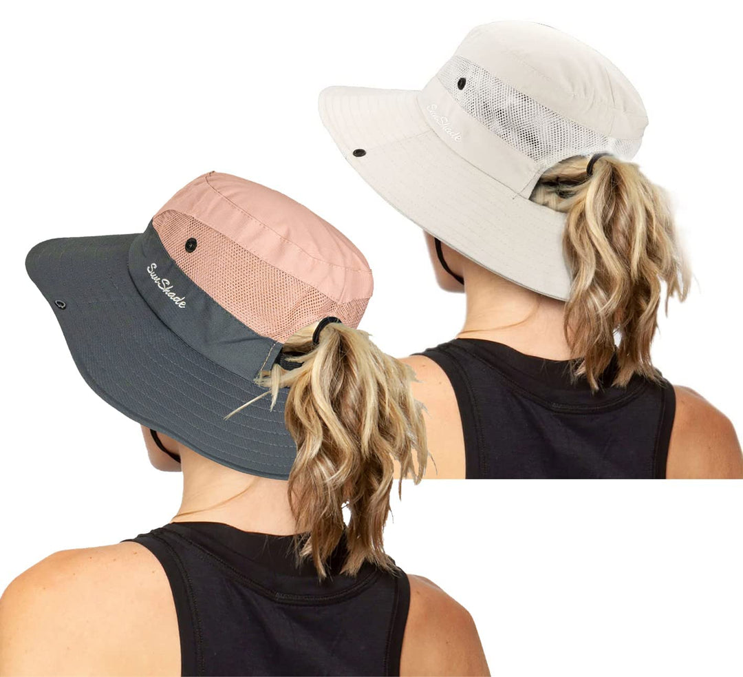 Women's Outdoor UV-Protection-Foldable Sun-Hats Mesh Wide-Brim Beach Fishing Hat with Ponytail-Hole (Pink+Beige)