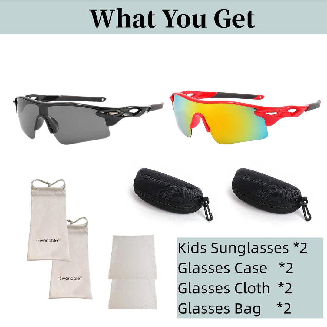 swanoble UV400 2 Sports Sunglasses for Kids Cycling,Light frame Sunglasses for Boys Girls,Youth Softball Baseball Golf (Black+ Red)