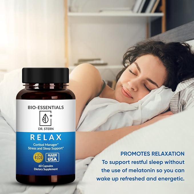 BIO-ESSENTIALS, Relax-Doctor formulated: Manages Stress, Promotes Deep Sleep, Improves Mood-W/Organic Holy Basil, Zinc, Magnesium, Vitamin B6, Magnolia Bark, L-Theanine, Vegan-Made in USA-60 Caps