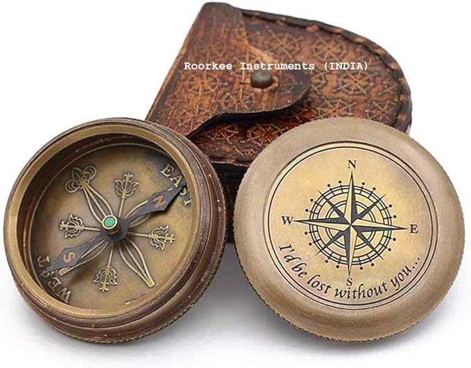 Solid Brass Compass with Leather Case – Engraved “I Would Be Lost Without You” Quote – Romantic Gift for Husband, Wife, Boyfriend, Girlfriend, Anniversary, Valentine’s Day, Travel Keepsake