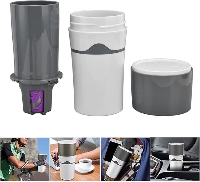 450ml Portable Drip Coffee Travel Mug, Side Leakage Proof Sharing Cup Lid Drip Coffee Machine with 3 Capsules for K Cup Capsules (Grey and White)