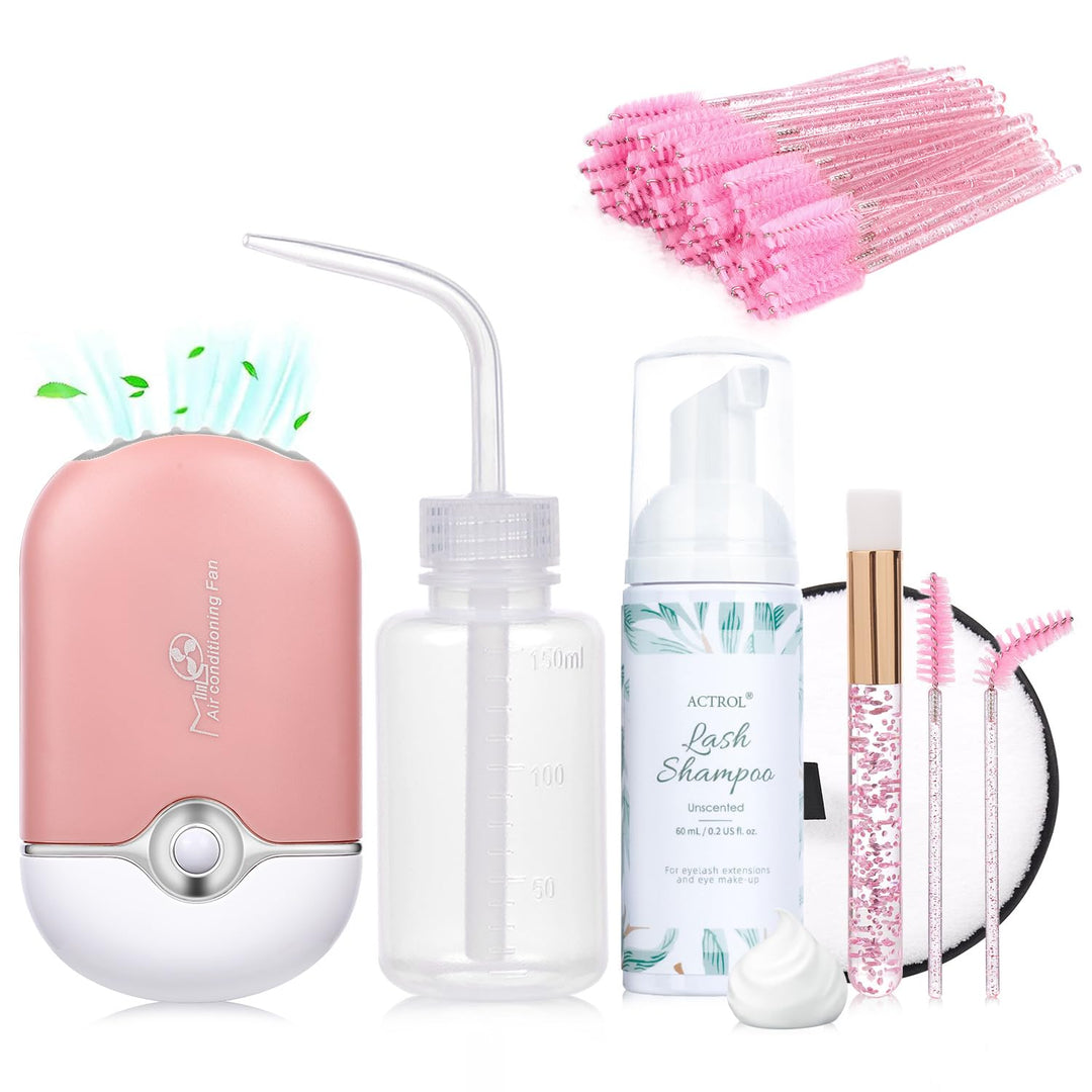 ACTROL Eyelash Extension Shampoo Kit 60ml Unscented Lash Extension Cleanser with Lash Fan Pink Professional Eyelid Foaming Cleanser Paraben & Sulfate Free Non-lrritating