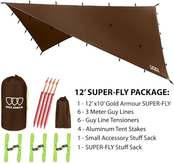 Gold Armour Rainfly Tarp Hammock, Premium 14.7ft/12ft/10ft/8ft Rain Fly Cover, Waterproof Ultralight Camping Shelter Canopy, Survival Equipment Gear Camping Tent Accessories (Brown 12ft x 10ft)