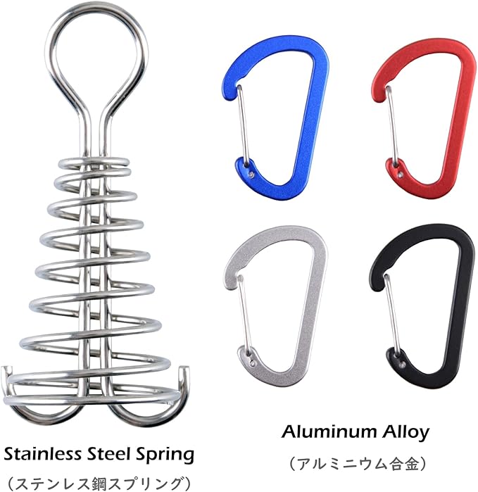 TRIWONDER 6pcs Deck Plank Board Tent Stakes Aluminum Spring Anchor Fishbone Guyline Cord Adjuster Tent Pegs with Carabiners for Outdoor Camping Hiking