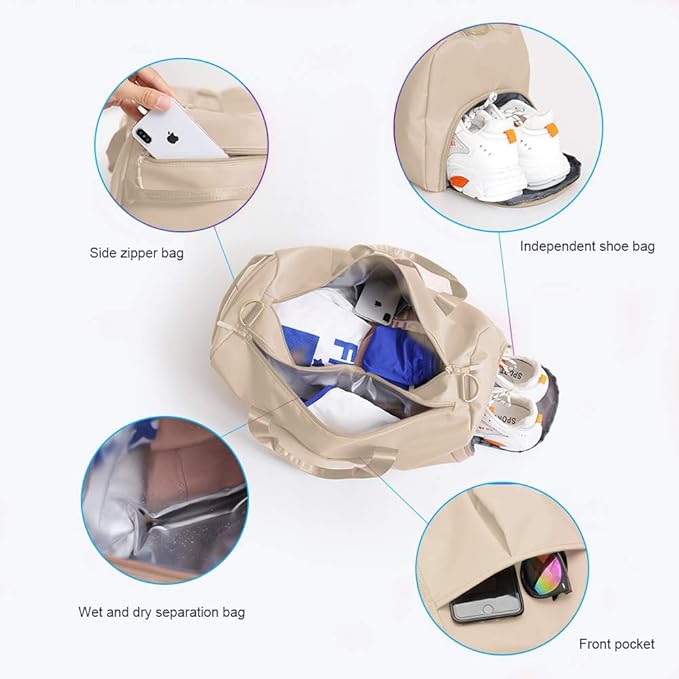 Blackwheel Sports Gym Bag With Shoe Bag Wet Bag Duffle Bag Waterproof Travel Bag for Women Cute Gym Bag Beige 29L