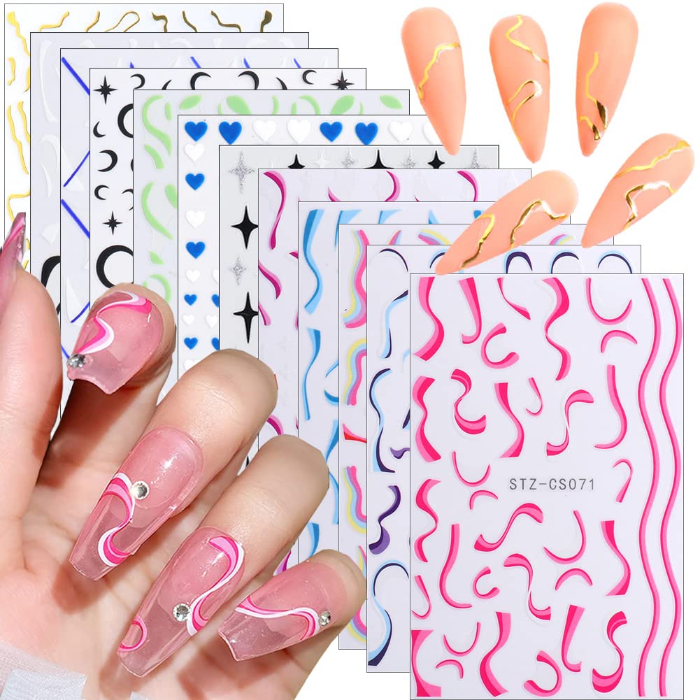 12 Sheets Line Nail Stickers 3D Self-Adhesive Gold Nail Decals, Colorful Wavy Stripe Lines Star Moon Heart Nail Designs French N