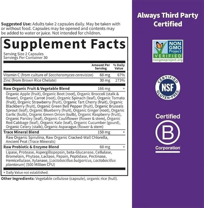 Gardens Life Zinc Supplement 30mg High Potency Raw Zinc and Vitamin C Multimineral Supplement, Vitamin Codes Vitamins Trace Minerals & Probiotics for Skin Health & Immune Support, 60 Vegan Capsules