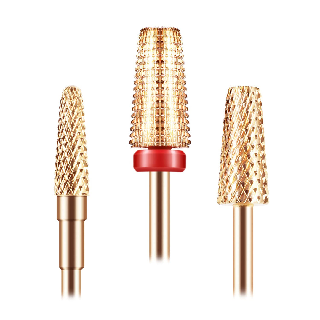 [Upgraded]3Pcs Nail Drill Bits Set, 5 in 1 Drill Bits for Nails 3/32 Inches, Tapered Barrel and Cone Shape Carbide Nail Drill Bits for Acrylic or Gel Remover (Rose Gold)