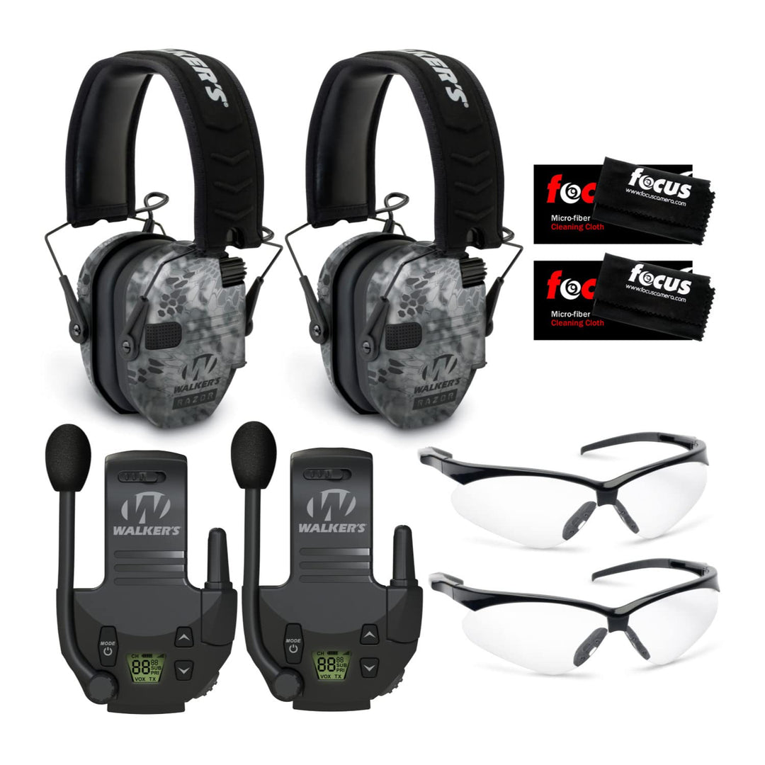 Walker's Razor Slim Electronic Muffs (Raid, 2-Pack) Bundle with Walkie Talkies (2-Pack), Glasses (2-Pack), and Cleaning Cloth (2-Pack) (8 Items)