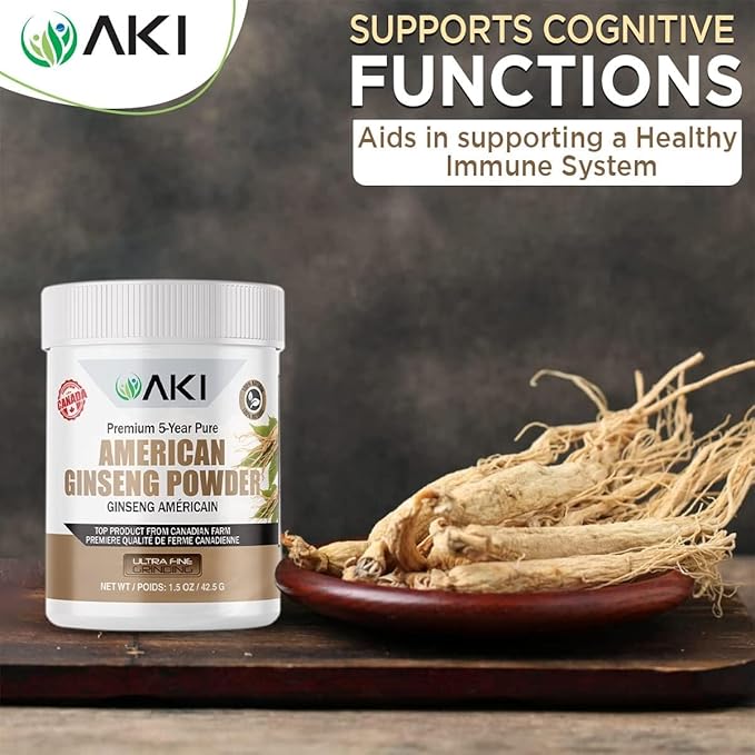 AKI American Ginseng Powder with 4% Ginsenosides - Ideal with Coffee, Beverages Like Smoothies - Pack of 1 (1.5oz/42.5g)