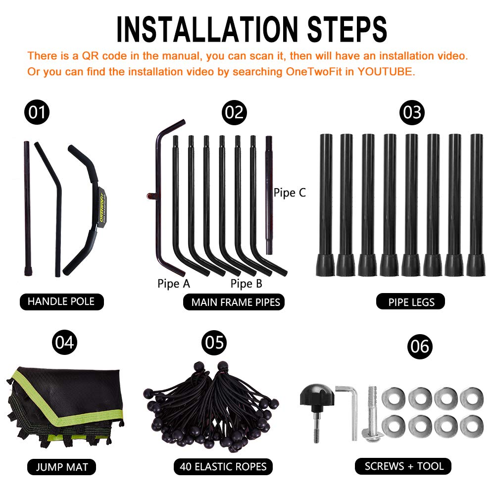 ONETWOFIT 51" Silent Trampoline with Adjustable Handle Bar, Fitness Trampoline Bungee Rebounder Jumping Cardio Trainer Workout for Adults…