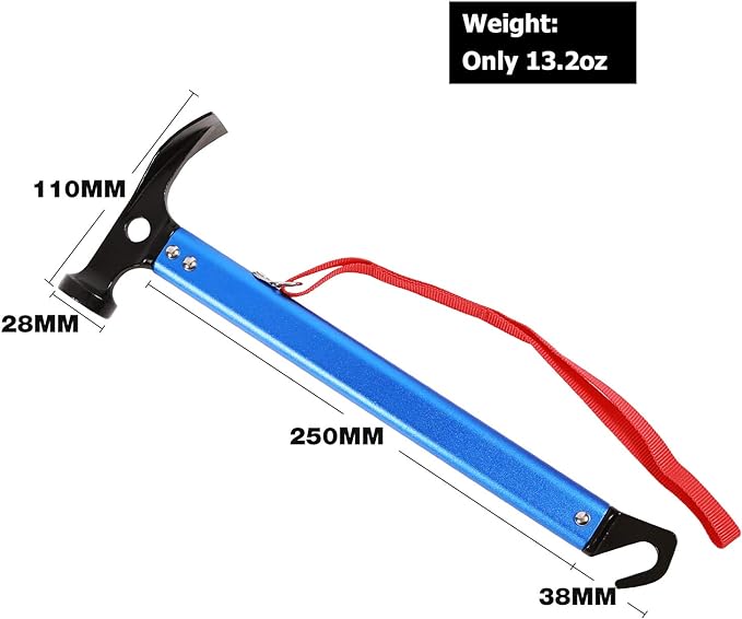 REDCAMP Aluminum Camping Hammer with Hook, 12" Portable Lightweight Multi-Functional Tent Stake Hammer for Outdoor,Black/Red/Orange/Blue