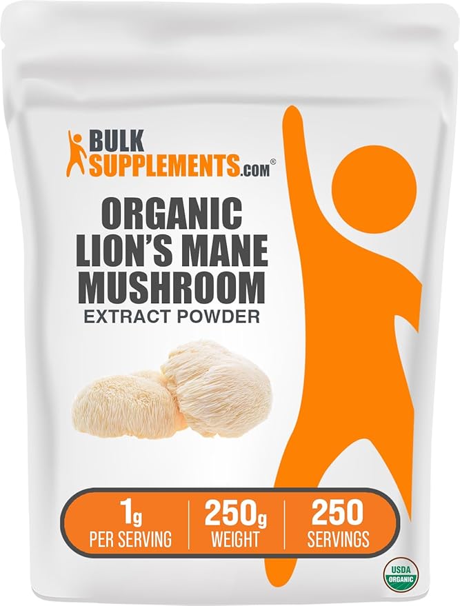 BulkSupplements.com Organic Lion's Mane Mushroom Extract Powder - Lions Mane Supplement Powder, Superfood for Well-Being - Vegan, 1g per Serving, 250g (8.8 oz) (Pack of 1)