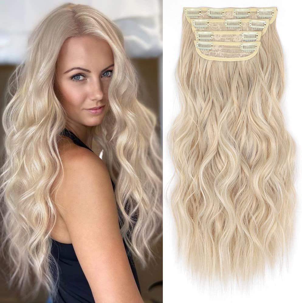 Clip In Long Wavy Synthetic Hair Extension 20 Inch 4Pcs Ash Brown Mixed Light Blonde Hairpieces Fiber Thick Double Weft Hair Ext