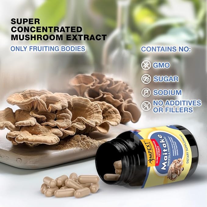 Maitake Mushroom Extract - Premium Quality, Only Fruiting Bodies, Source of Beta-Glucans, Heart & Cardiovascular Welness, Vitality & Resilience, Memory Booster, Immune Support, 90 Veg Caps.