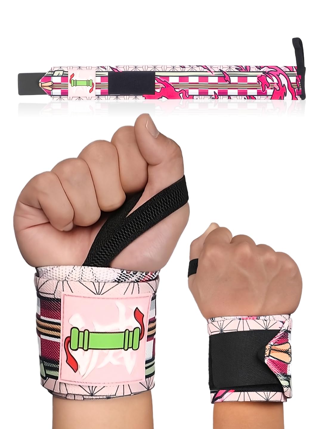 CROWN Anime Wrist Wraps Camo Lifting Straps 24" for Men and Women - 1 Pair Each, Gym Accessories Support Weightlifting, Powerlifting, Strength Training, and Improve Workout, Pink Nezku