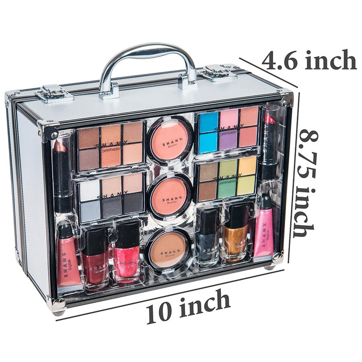 SHANY Carry All Trunk Makeup Train Case with Re-usable Aluminum Beauty Storage Organizer Case. Make up Set with Eye palettes, Blushes,Face Powders, Manicure, Pedicure and Cosmetics Brushes.