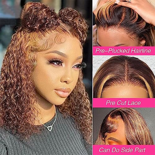 14 Inch Highlight Blonde Wear and Go Glueless Curly Bob Wig Human Hair Pre Plucked, Glueless Pre cut HD Lace Front Wigs Human Hair,Water Wave No Glue wigs, Natural Hairline for Women 200% Density