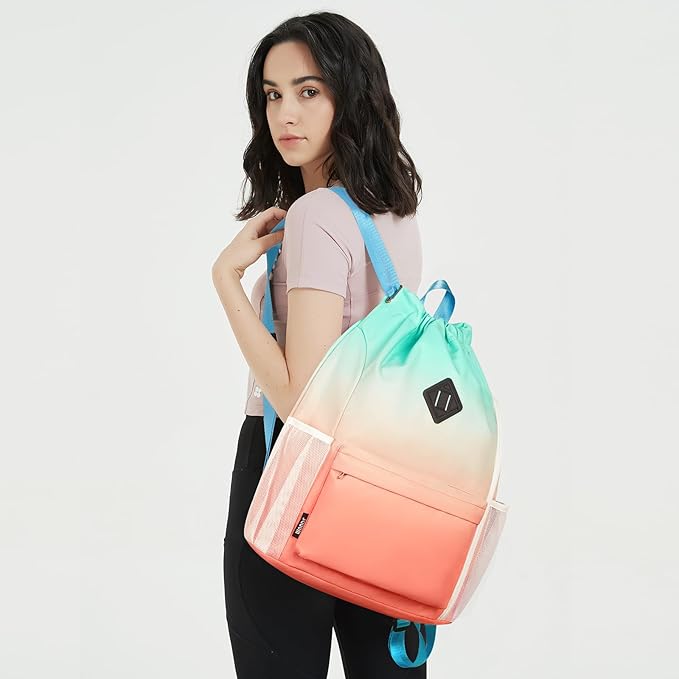 WANDF Drawstring Backpack Sports Gym Bag with Shoes Compartment, Water-Resistant String Backpack Cinch Bag for Women Men (Red-Green Gradient)