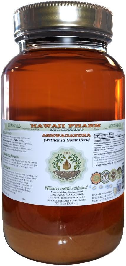 Ashwagandha Alcohol-Free Liquid Extract, Organic Ashwagandha (Withania Somnifera) Dried Root Glycerite Hawaii Pharm Natural Herbal Supplement 32 oz Unfiltered