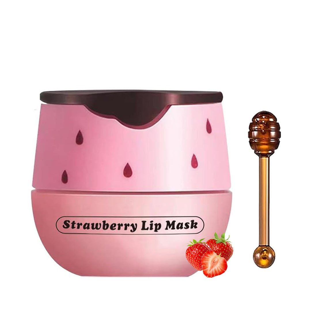 Tnoctuh 1 PCS Bee Lip Balm Lip Mask Honey Pot, Strawberry Moisturizing Sleeping Lip Mask Overnight with Sticks, Lip Balm Honey Pot Lip Balm Hydrating Prevention Dry and Crack Lip Scrubs Exfoliator