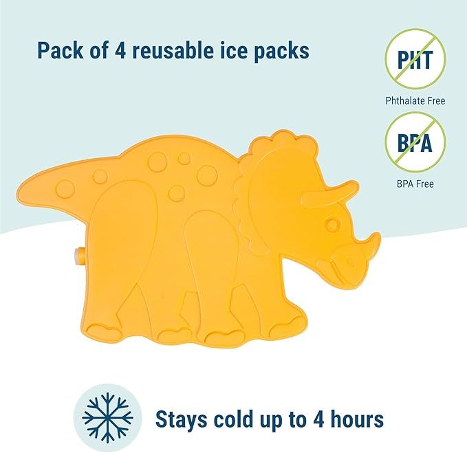 Wildkin Kids Ice Packs (4 Packs) for Boys & Girls, Perfect for Daycare & Preschool Slim & Reusable Ice Packs, Keep Lunches Fresh & Cool for School & Travel, Portable Ice Packs for Kids (Dinosaur)