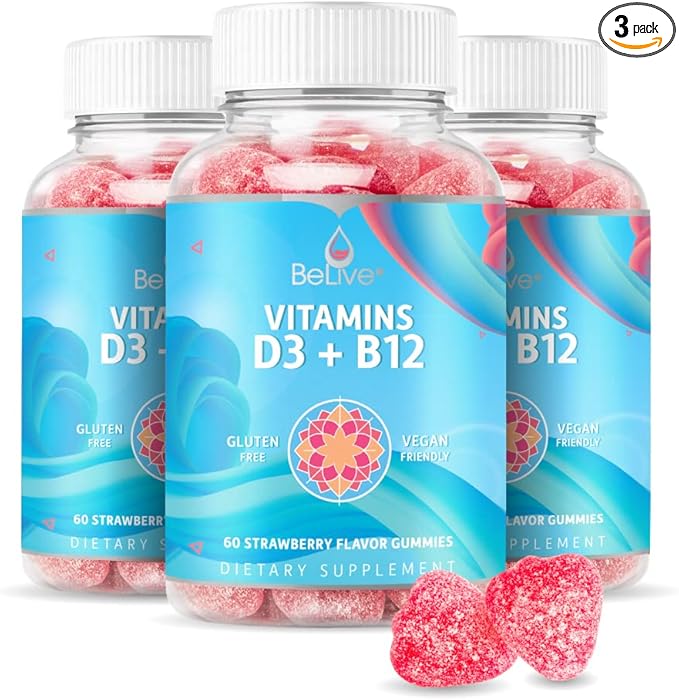 BeLive Vitamin D3 Gummies with B12 Vitamins - Immune Support Gummies with Vegan Vitamin B12 & D3, Provides Enhanced Bone & Muscle Strength, Hearth Health and Energy - Strawberry Flavor | 3-Pack