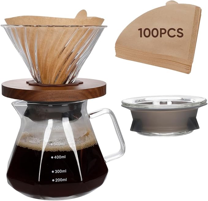 20oz Drip Coffee Maker - 600 ml Borosilicate Glass Carafe with 100 pcs V60 Paper Filter - Walnut Handle & Glass Lid for Home Café Restaurant Camping (Clear)