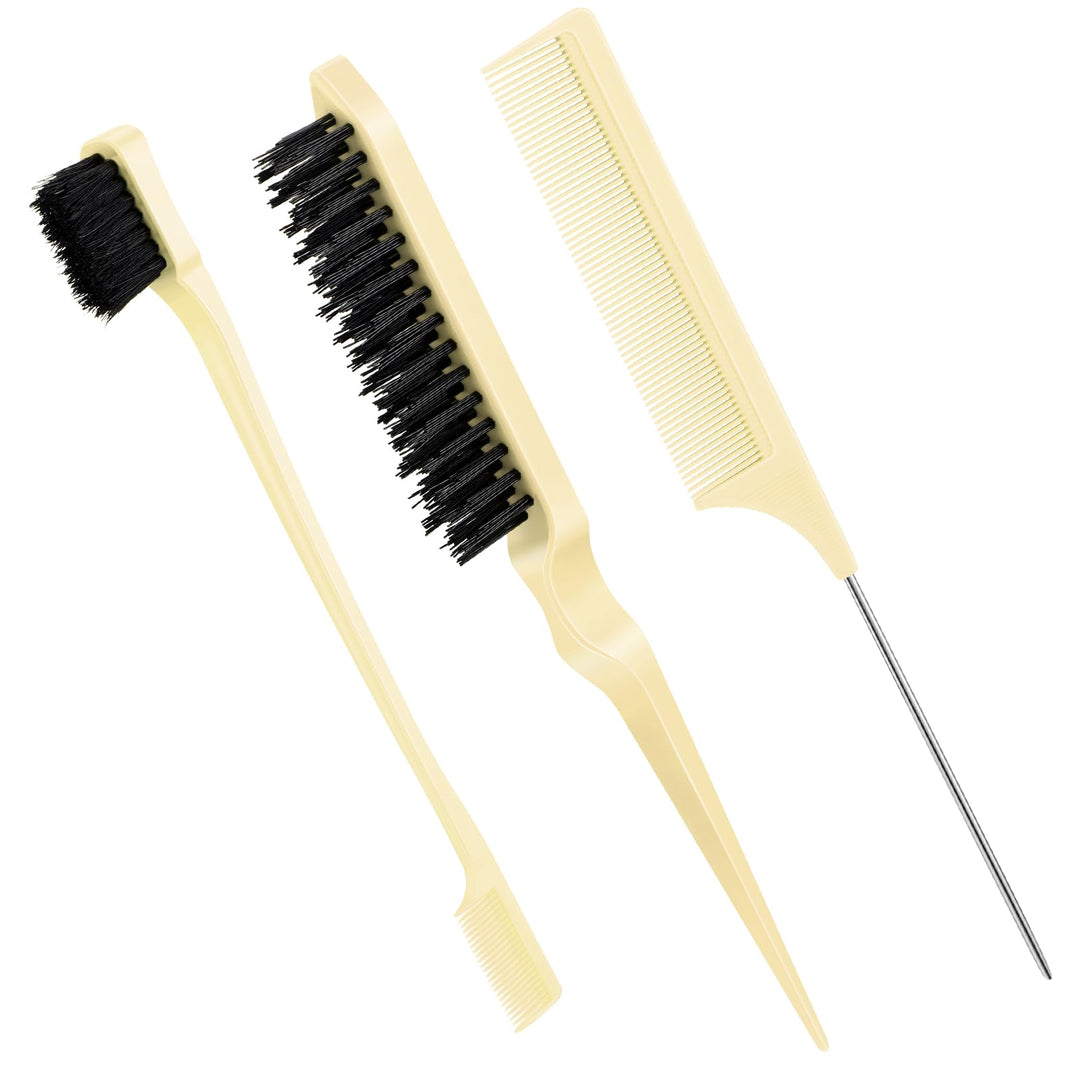 Geiserailie 3 Pcs Slick Back Hair Brush Set Bristle Brush Edge Control Teasing Comb For Women Black Hair(Beige)