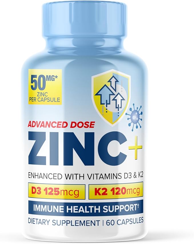 Zinc Picolinate 50mg with Vitamin K2 MK-7 + Vitamin D3 5000 IU, Zinc 50mg with 120mcg Vitamin K2 as MK7, Non-GMO Zinc Supplements Easy to Swallow Alternative to Lozenge, Chewable Tablets, Liquid Zinc