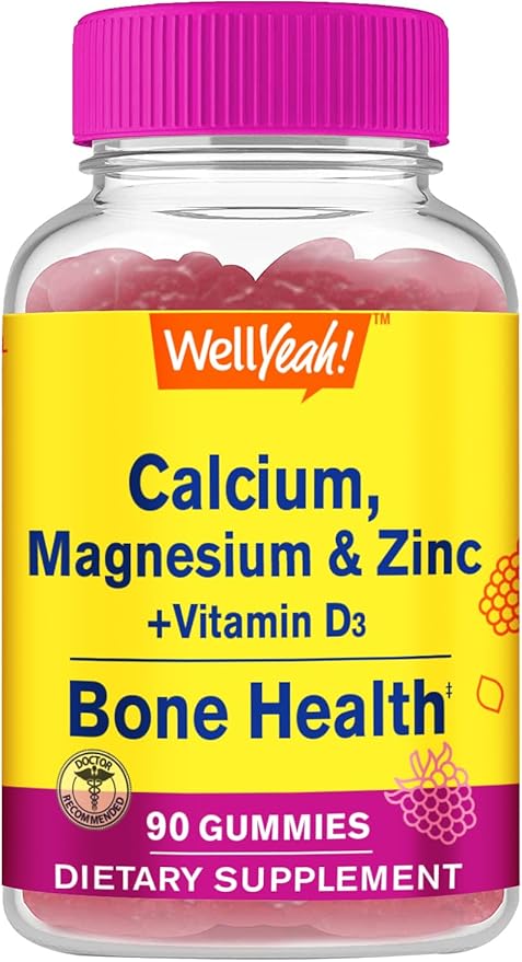 Calcium, Magnesium, Zinc + Vitamin D3 Gummies by WellYeah | Bone, Muscle and Nerve Health Support, Immune Support | for Men and Women | Gluten Free, Non GMO | Raspberry Flavor | 90 Count