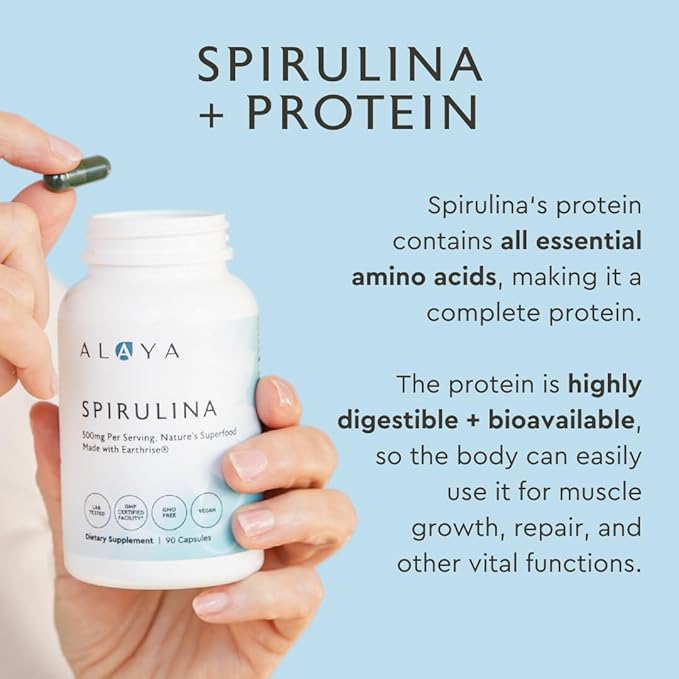 Alaya Naturals - Pure Spirulina Capsules - Made with Earthrise Spirulina, Blue Green Algae Superfood - Non-GMO & Vegan - 500 mg, 90 Capsules
