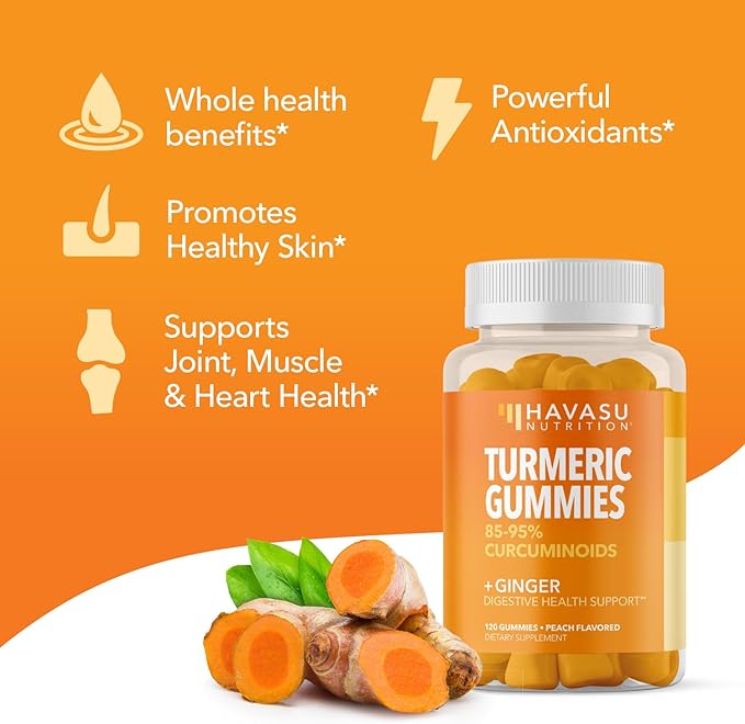 Turmeric Gummies with Ginger and 95% Curcuminoids - Digestive Health and Immune Support Supplement for Overall Wellness - 120 Count - Vegan, Non-GMO Curcumin Vitamin - Peach Flavor, 2 Month Supply