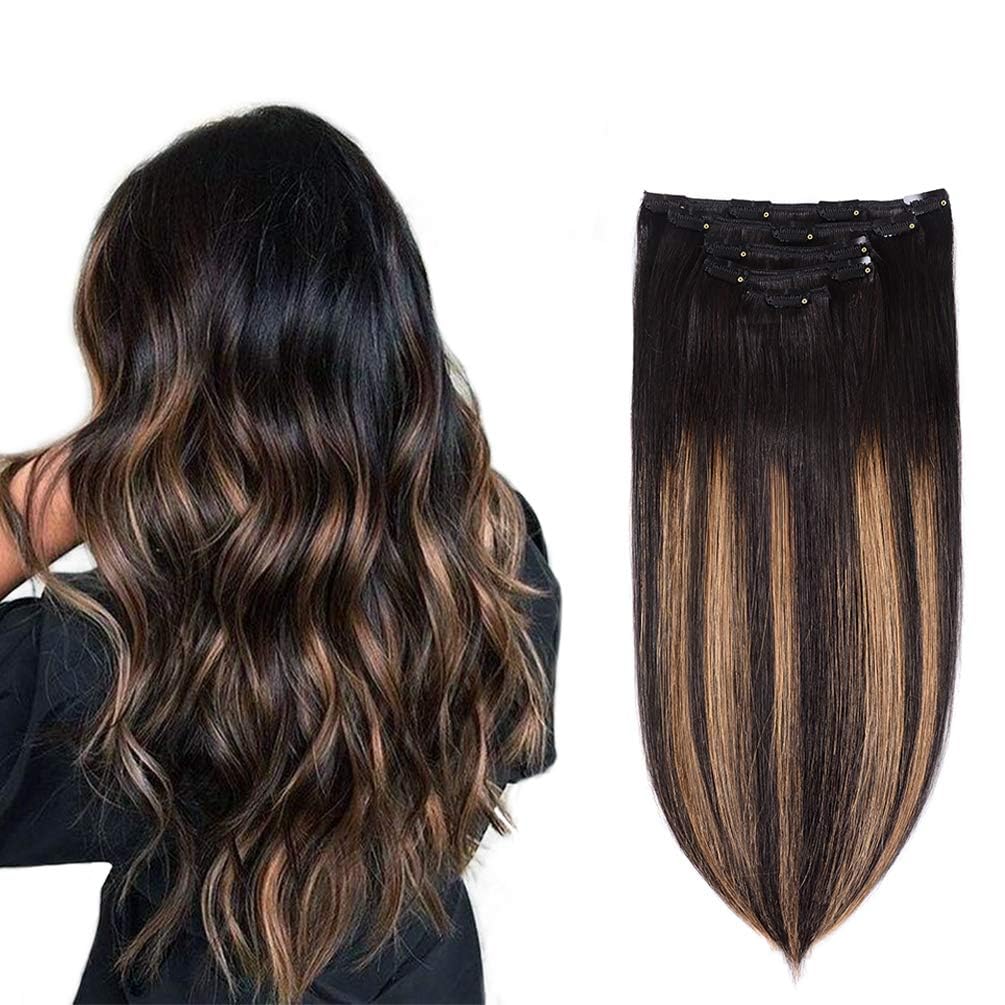 5 Pieces 22'' Remy Clip In Hair Extensions Human Hair Natural Black To Chestnut Brown Highlight Ombre - Silky Straight Short Thi