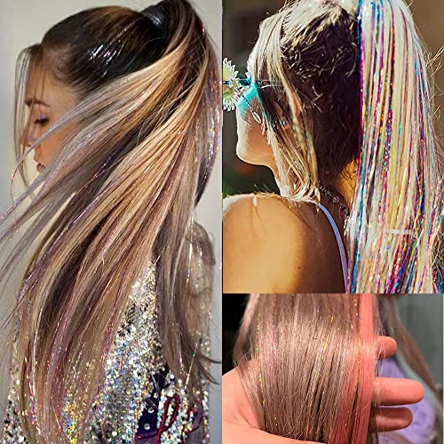 22 Colors 4400 Strands Hair Tinsel Strands Kit 47 Inches Sparkling Party Tinsel Hair Extensions Highlights Multi-Colors Synthetic Hair Streak Bling（22 color/set）
