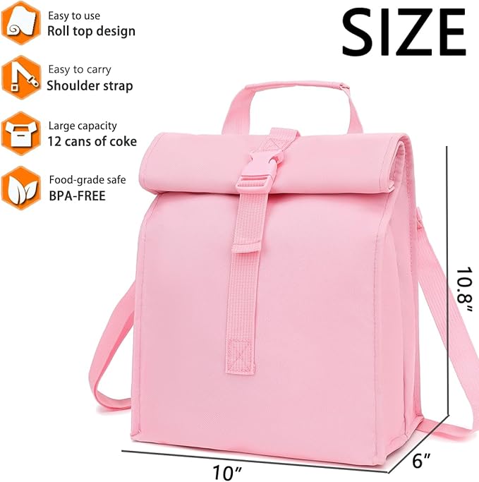 Insulated Lunch Bag for Men/Women/Kids, Roll top Reusable Lunch Box with Adjustable Shoulder Strap, Thermal Lunch Cooler Tote Container for Adults/Teens School Work Office Picnic,Pink